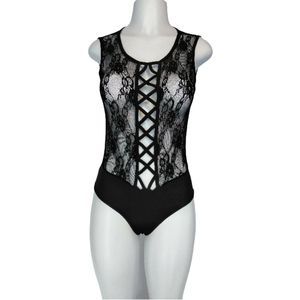 Yimai Sheer Mesh Lace Bodysuit Size M Black Sleeveless Lightweight Sexy Top NWT